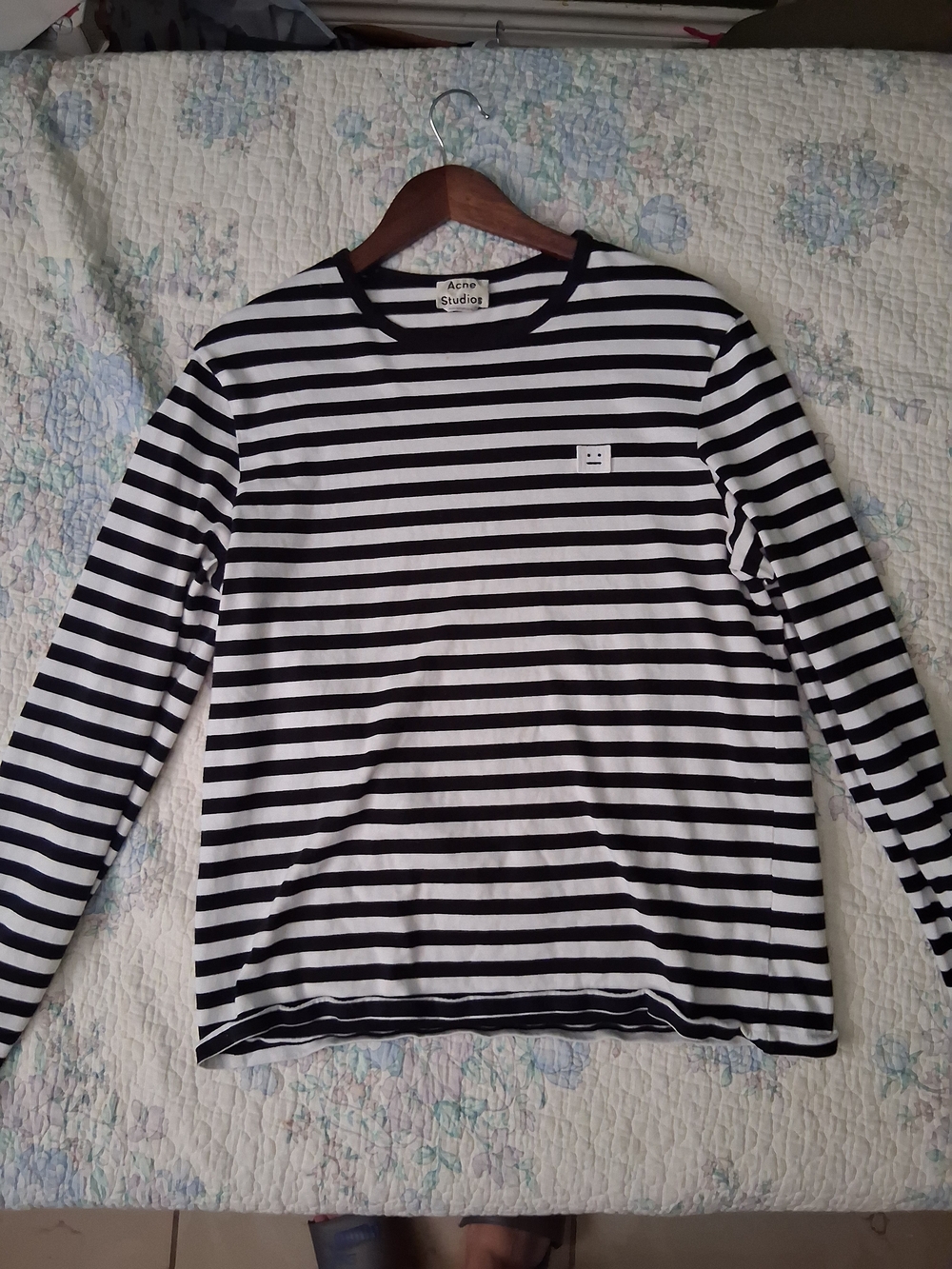 Acne Studios Black and White Striped Long Sleeve Logo Tee